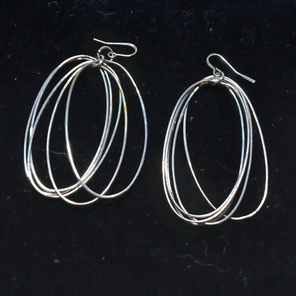 Large Silver Tone Oval Multi Hoop Metal Earrings Vintage Jewelry #92 - Picture 1 of 7